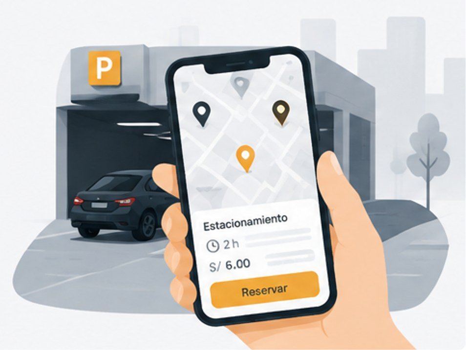 Teléfono mostrando el mapa de estacionamientos y la tarifa por hora