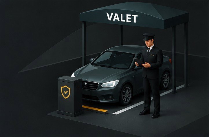 Puesto de valet con toldo, vehículo recibido y personal uniformado registrando el ingreso
